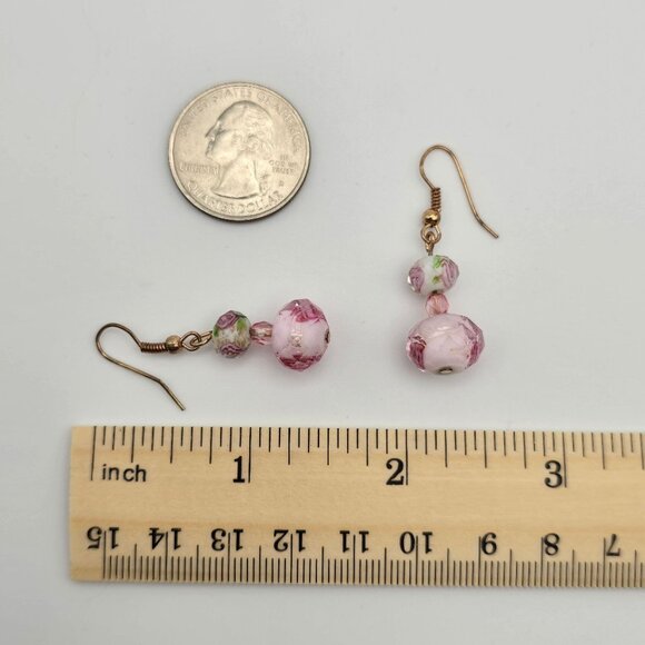 Glass Floral Earrings Pink Triple Beaded Rose Gold-Toned Dangle Drop Hook Lobe - Picture 9 of 9